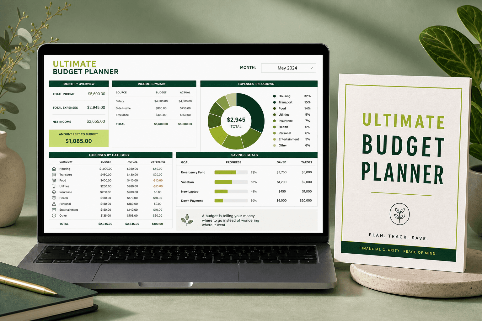 Ultimate Budget Planner spreadsheet dashboard with expense breakdown and savings goals