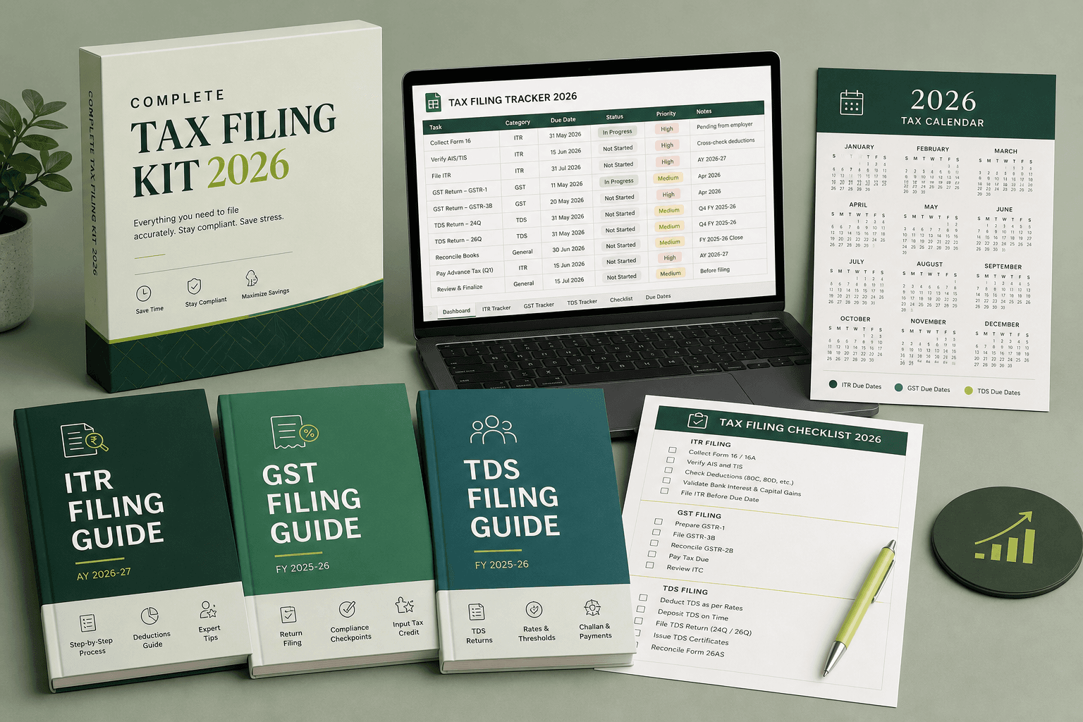 Complete Tax Filing Kit 2026 — ITR, GST and TDS guides with Excel tracker, checklist and tax calendar