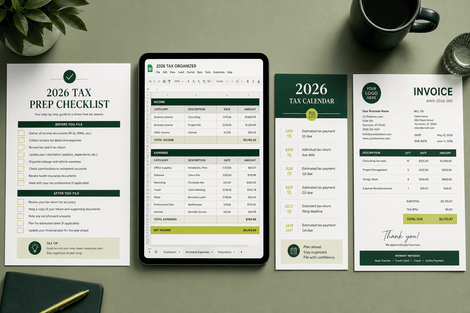 Tax prep checklist, spreadsheet organizer, 2026 tax calendar and invoice template laid out together