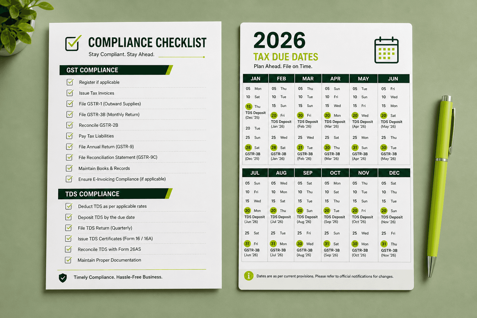 GST and TDS compliance checklist beside a 2026 tax due dates calendar