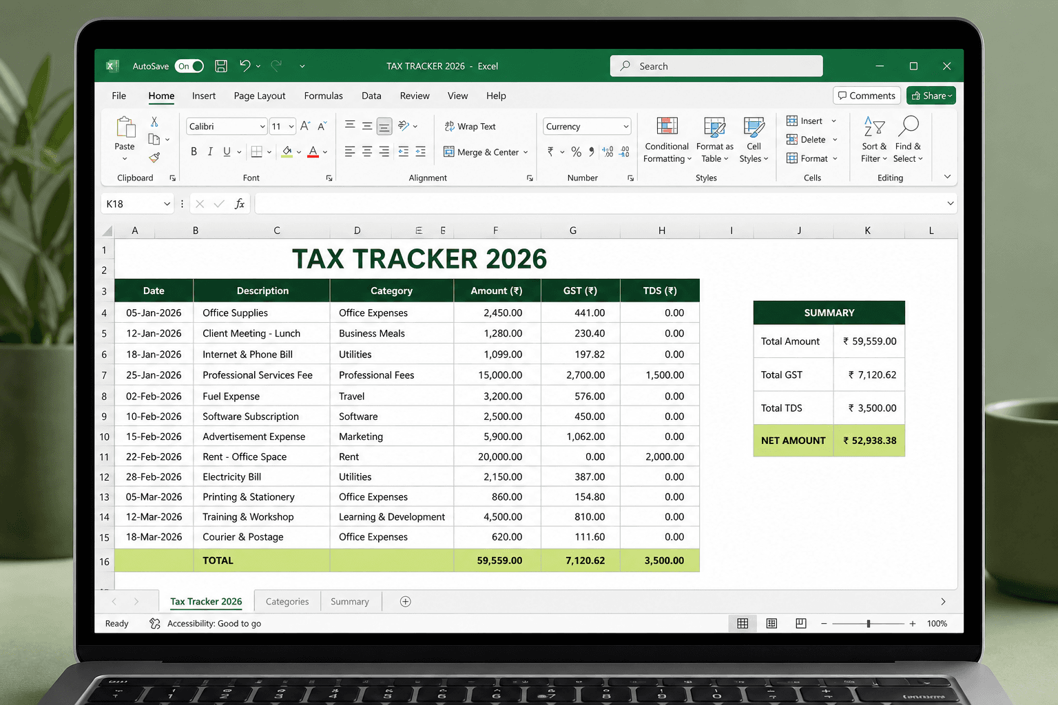 Tax tracker spreadsheet with income, GST and TDS columns and a totals summary
