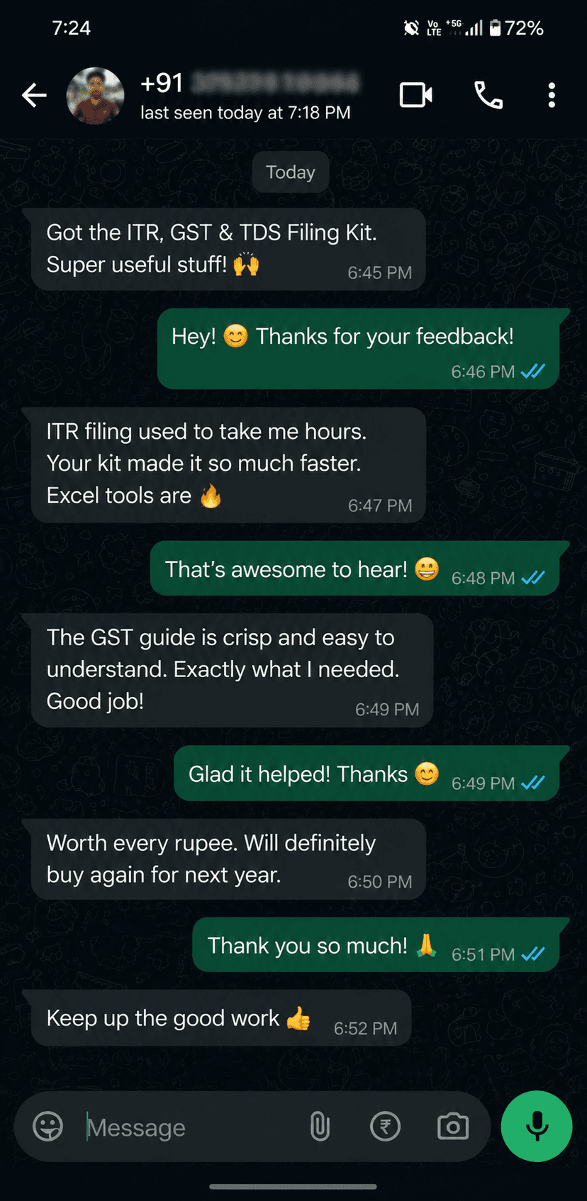 WhatsApp customer review — 'Worth every rupee. Will definitely buy again for next year.'
